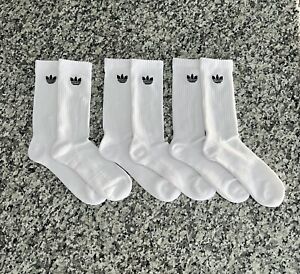 3 Pairs Adidas White Crew Socks Black Logo Size 6-12 Mens Trefoil Genuine New