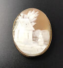 Vtg Victorian Gold Plated Scenic Landscape Cottage Carved Cameo Brooch Pin. #269