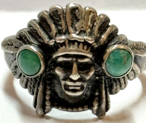 Vtg Fred Harvey Era Sterling GREEN Turquoise Chief pinky Ring  Sz. 4 3/4 NAVAJO