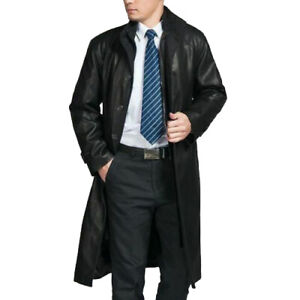 Men's Lambskin Genuine Real Leather Trench Coat Long Classic Button Jacket Black