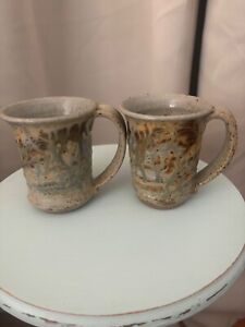 2 Studio Pottery Ribbed Stoneware Ceramic Coffee Mugs Signed