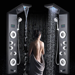 Black Shower Panel Tower System LED Rain&Waterfall Head Combo Massage Jets Mixer