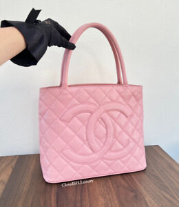 Auth Chanel Vintage Caviar Pink Medallion Tote - Silver hardware