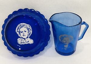 Vntg 1930's Hazel Atlas Blue Depression Glass Shirley Temple Bowl And Pitcher