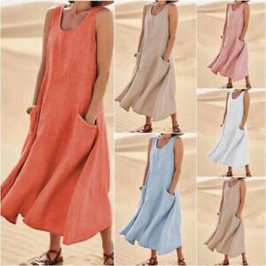 Women's Cotton Linen Sleeveless Maxi Dress Ladies Solid Pockets Summer Sundress