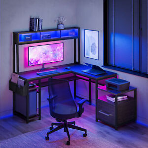 Reversible L-Shaped Computer Desk with File Cabinet, LED Lights & USB AC Outlet