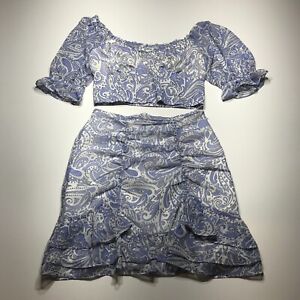 Express Womens Size S/2 Blue Paisley Puff Sleeve Top & Ruched Mini Skirt Set