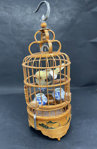 Vintage Chinese Miniature Bamboo Painted Hanging Bird Cage w Bird and China pots