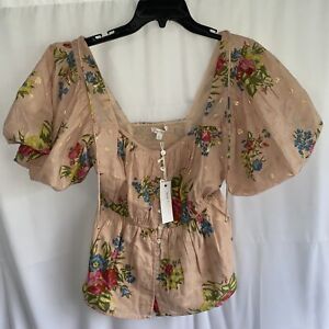 Anthropologie Love the Label Rosette Babydoll Pink Floral Blouse Large New w Tag