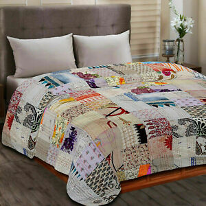 Indian Vintage Kantha Quilt Handmade Silk Bedspread Bedding Blanket King Size