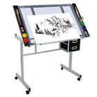 Drawing Table Tempered Glass Top Adjustable Art Drafting Table W/ 4 Wheels Home
