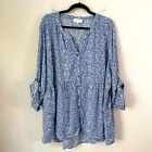 Cynthia Rowley Womens Plus 3X Blue Floral Blouse 3/4 Sleeve Button Up Shirt Top