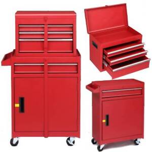Rolling Tool Chest Organizer Box with Lockable Wheels & Adjustable Shelf Red