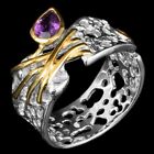 New Listing6X4MM AMETHYST HANDMADE RHODIUM& YELLOW GOLD PLATED IN SILVER 925 RING SIZE 7