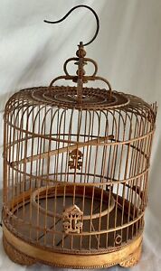 Vintage Bamboo Bird Cage Ornate With Metal Hook Carvings Perch