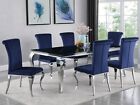 NEW SPECIAL - 7pcs Black Glass & Chrome Dining Room Table & Blue Chairs Set IC7M