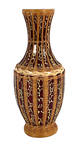 New ListingVTG Asian Wood-Lined Handmade Woven Wicker Vase With Gold Accents 8.5”high