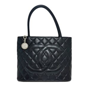 Chanel Tote Matelasse Cc Caviar Skin Black Shoulder Handbag Bag Medallion