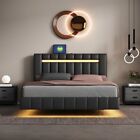 Queen/Full Size PU Floating Bed Frame with LED Lights&USB Charging