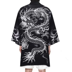 Men Women Long Kimono Coat Cardigan Yukata Outwear Bathrobe Top Dragon Retro