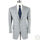 NWOT Luciano Barbera Blue Grey Green Linen Wool Plaid Woven 3/2 Roll Jacket 50R