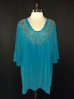 SUSAN GRAVER Plus Size 2X Shirt Top Teal Blue Gold Sparkle Beads Lustra Knit