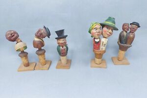 Vintage Lot Carved Wood Cork Stoppers Wine Figures Wooden People Some Mechanical