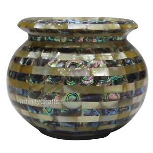 Round Marble Flower Pot Abalone Shell Overlay Work Balcony Decor Plant Stand