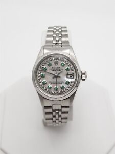 $9000 ROLEX DATEJUST 26mm Emerald Diamond WHITE MOP SS Ladies Watch SERVICED