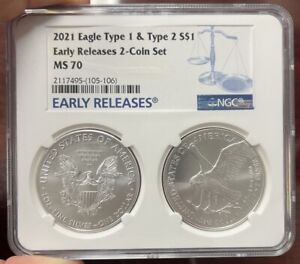 2021 $1 Type 1 and Type 2 Silver Eagle Set NGC MS70 Double Slab Early Releases