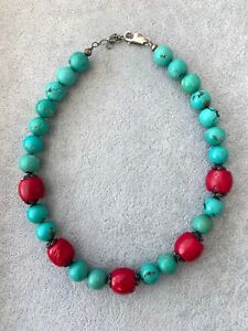 Vintage Turquoise, Jasper & Sterling Silver Beaded Necklace, 16-17