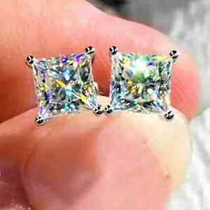 Womens Stud Earring 2 Ct Princess Cut Moissanite 14K White Gold Plated special
