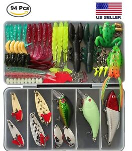 94 pcs Fishing Lures Lot Accessories kit Worm Frog Hook Sinker Bass Baits Tackle