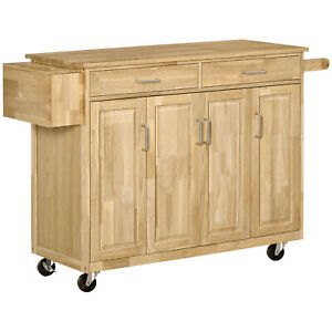 Wood Rolling Kitchen Island On Wheels with Storage Drawer Microwave Trolley Cart
