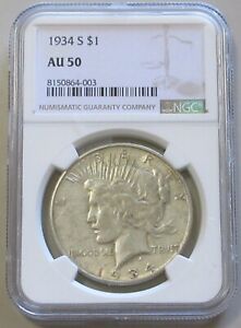 KEY DATE $1 1934 S PEACE SILVER DOLLAR NGC AU 50 TOUGH DATE AND GRADE CODE864003