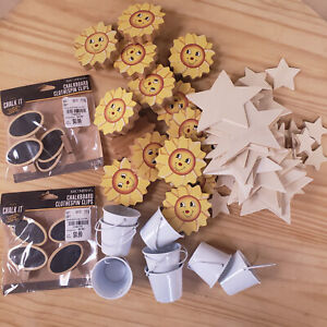 mixed lot craft supplies wood stars, sun flowers, chalkboard clips, and buckets