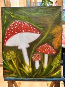 Oil Painting Fly Agaric Mushrooms Landscape Autumn Forest Nature Mushroom Art