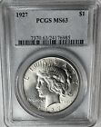 CHOICE 1927 Silver Peace Dollar $1 - Full Luster - PCGS MS 63 Beautiful Coin !!!