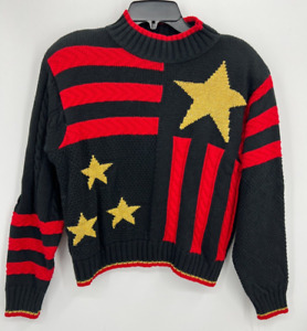 Vintage Liz Wear Sweater Womens PS Black Red Gold Stars Stripe Cropped Y2K NWT