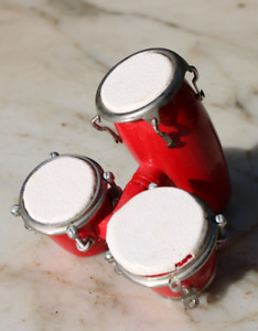 Miniature Red Wood Leather Drum Set Conga Bongo Percussion for Display Only