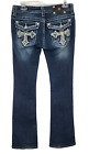 Miss Me Boot Cut Low Rise Jeans Rhinestones Cross Flap Embroidered Dark Denim 28