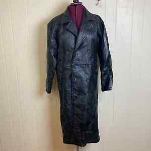 Vintage Double Breasted Long Leather Trench Coat Size Large Black Spring Jacket