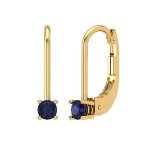 0.5 Round Solitaire Drop Dangle Simulated Blue Sapphire Earrings 14k Yellow Gold