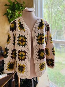 VTG Hand Crocheted Granny Square Cardigan Sweater Wool Blend  Earthtones  S/M