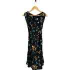 Vintage 90s Betsey Johnson Black Multicolor Floral Milkmaid Silk Dress Size XS