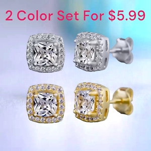 2 Color Set Gold, Silver Plated Stud Earrings With Cubic Zirconia For Men, Women