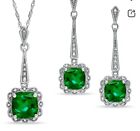 Zales Emerald Pendant  Necklace And Earings In Sterling Silver