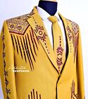 Men's 2Pc Bespoke Yellow Cotton Single Breatsed Embroidered Cowboy Wedding suit
