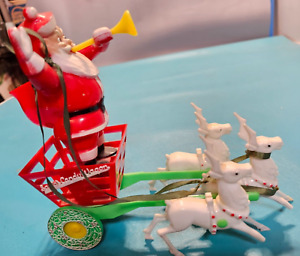 Vintage 1950's Hard Plastic Rosbro & Rosen Santa's Candy Wagon With 3 Reindeer