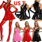 US Womens Wet Look Patent Leather Ruffle Dress A-Line Mini Dress  Party Clubwear